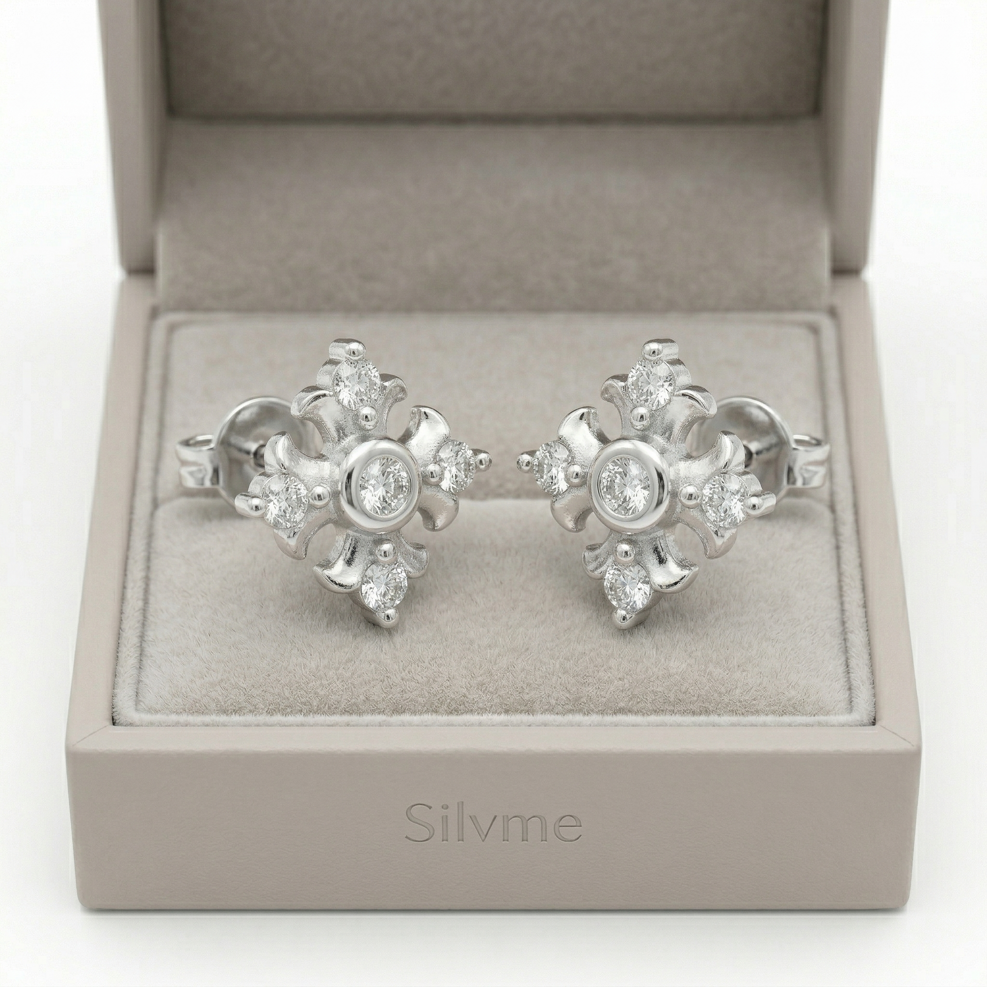 Ornate Floral Cross Stud Earrings, close-up detail