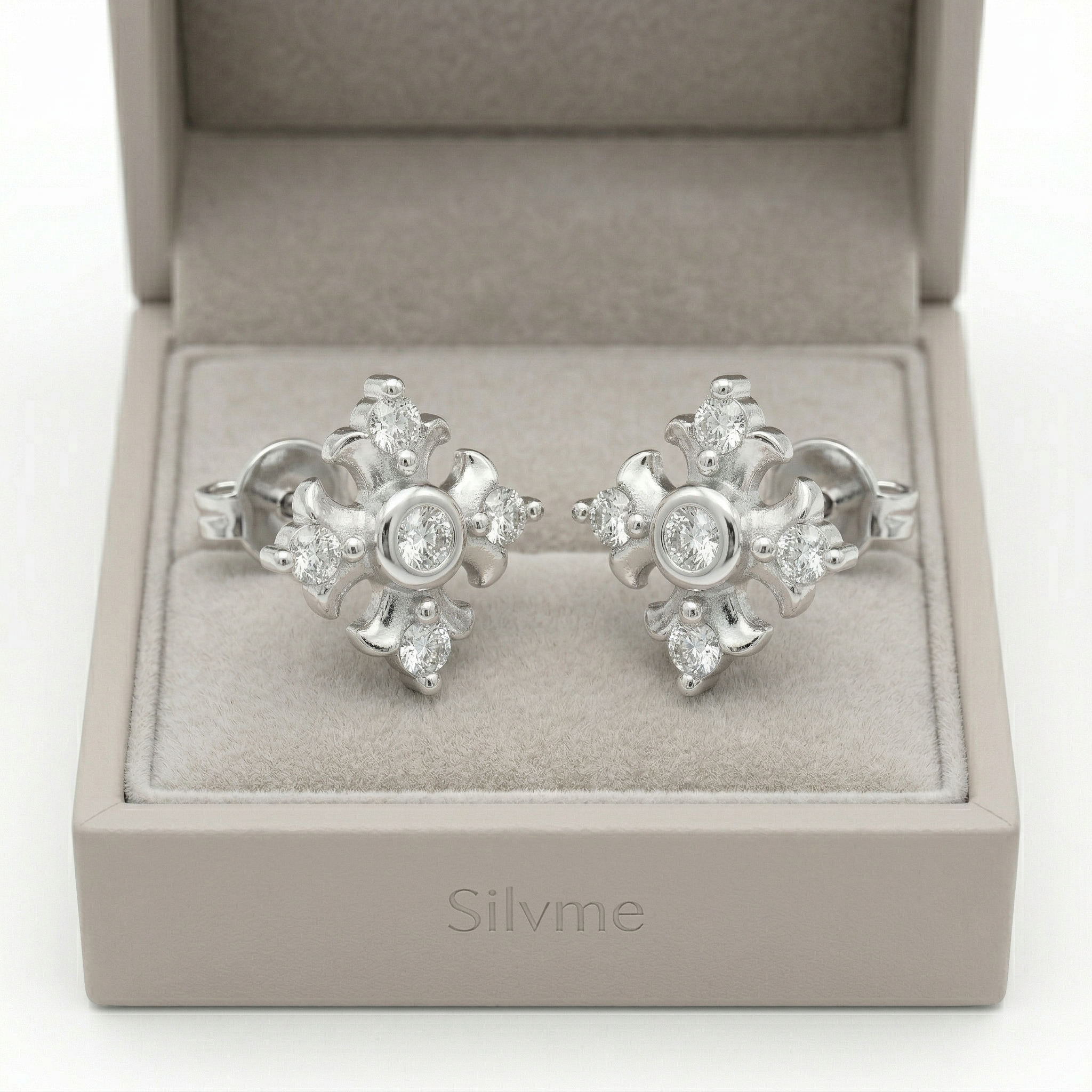 Silvme Pure 925 Silver Mini Flower Cluster CZ Stud Earrings - Glossy Finish for Women