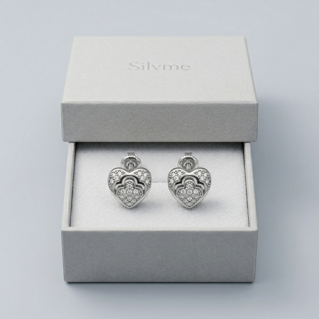 Silvme Pure 925 Sterling Silver Double-Layered Heart CZ Stud Earrings for Women