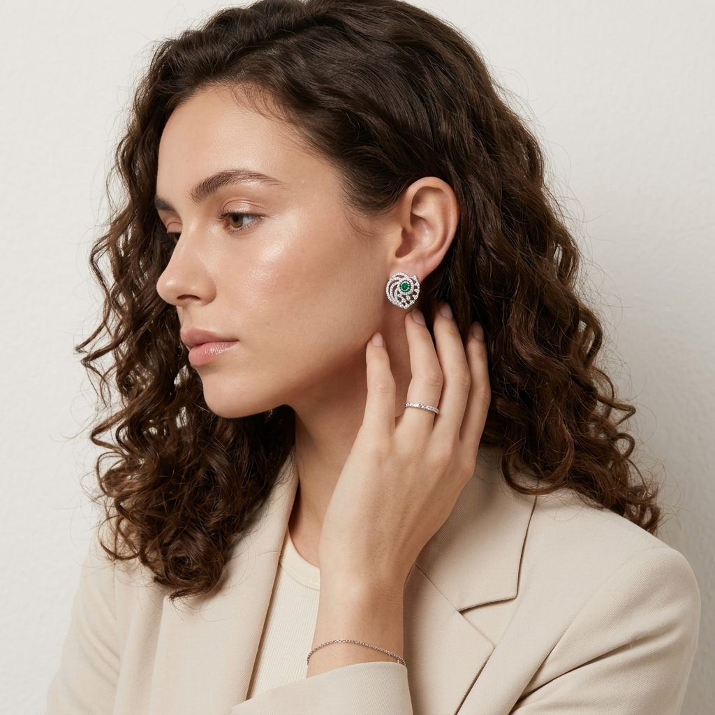 Green Spiral Floral Stud Earrings, additional product view 5