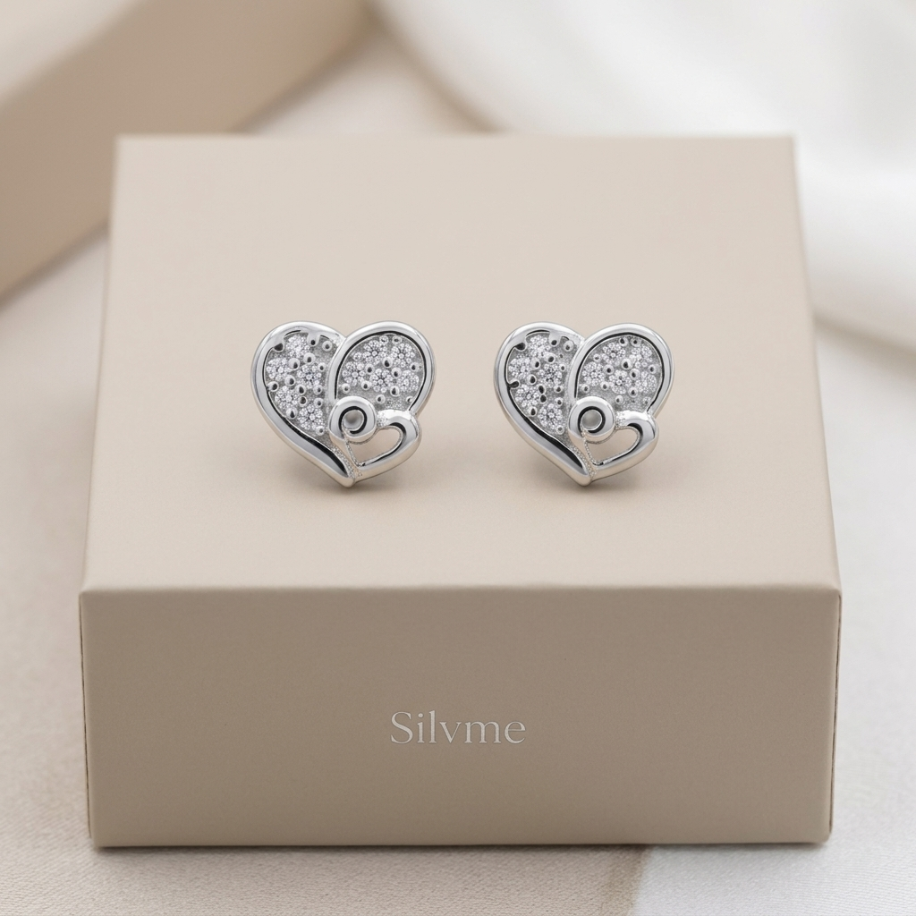 Entwined Double-Heart Stone-Set Stud Earrings, close-up detail