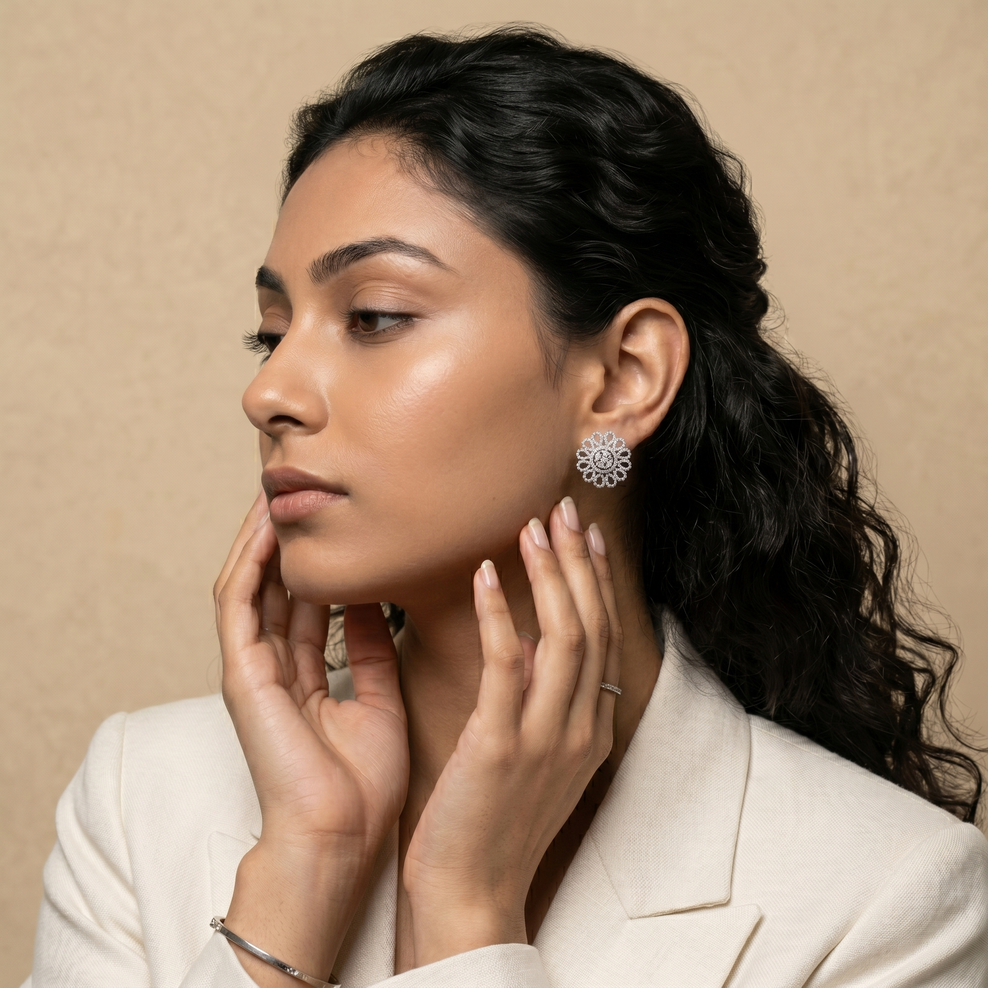 Petal Lattice Stone-Set Solitaire Round Stud Earrings, additional product view 4