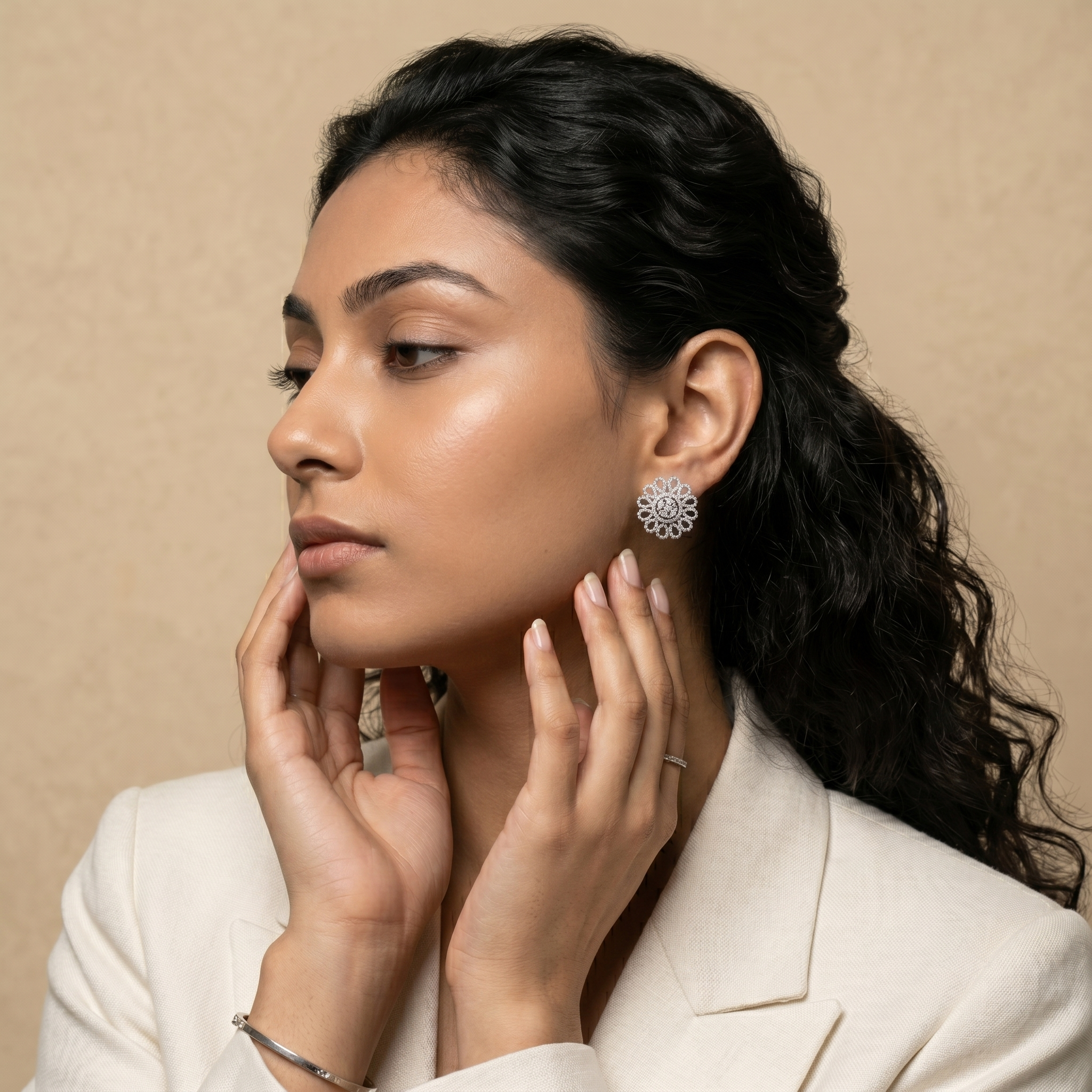 Silvme Pure 925 Sterling Silver Petal Lattice CZ Solitaire Round Stud Earrings for Women & Girls