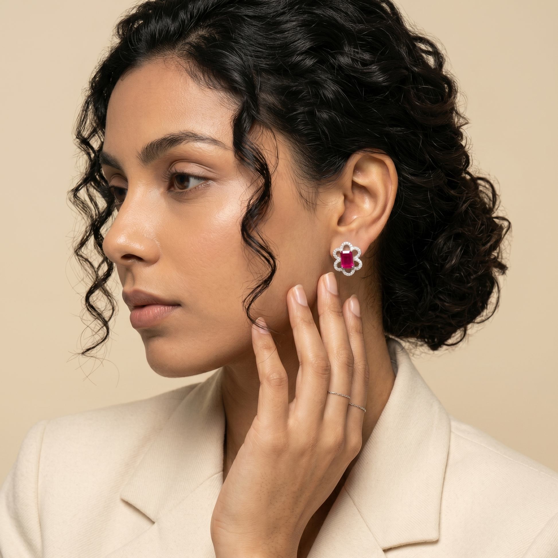 Pink Baguette Floral-Frame Stud Earrings, additional product view 4
