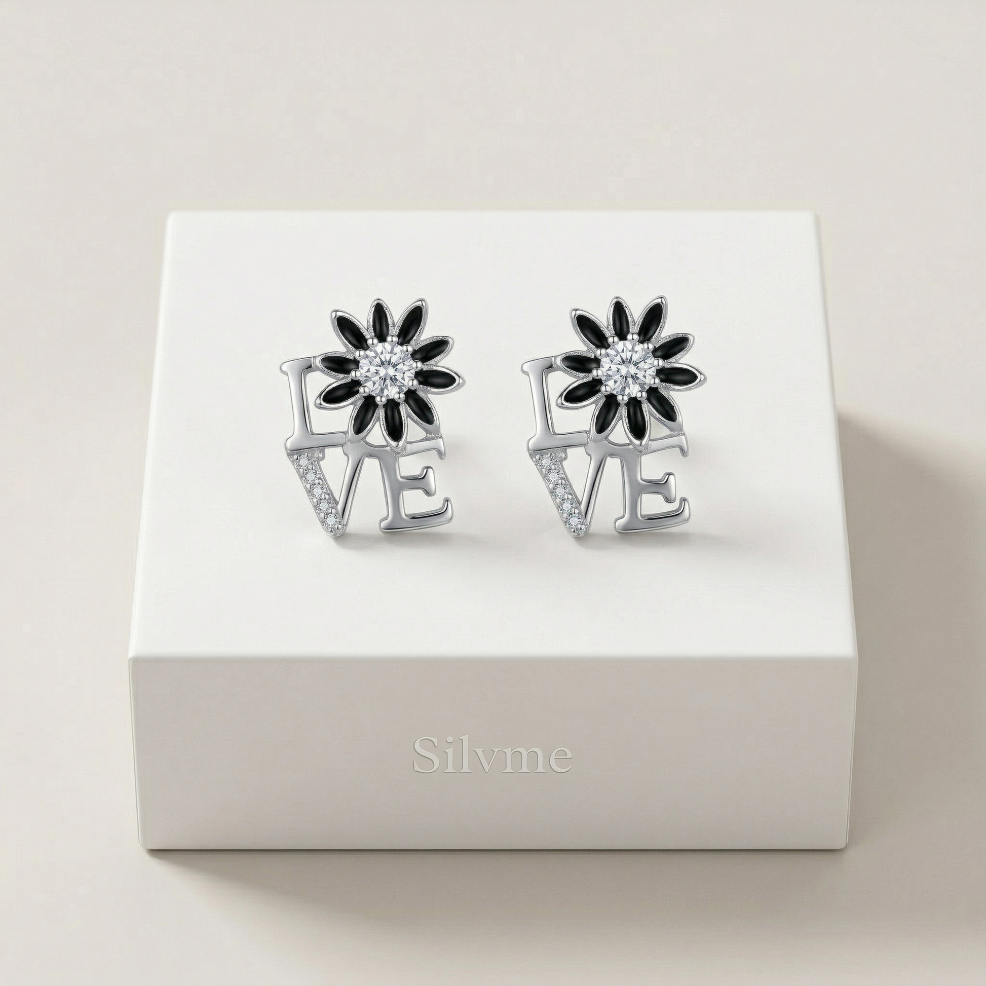 LOVE Script Daisy Stone-Set Stud Earrings, close-up detail