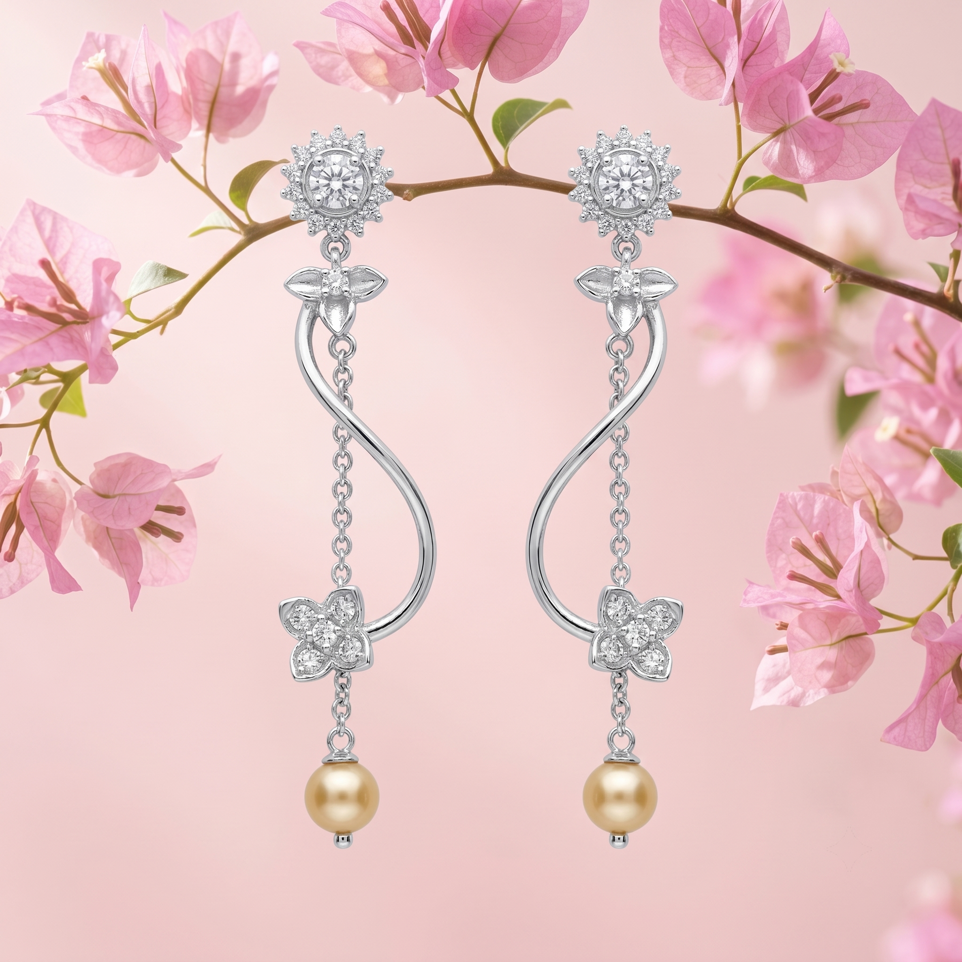 Sunflower Stone-Set Pearl-Look Accent Tassel Drop Earrings, close-up detail