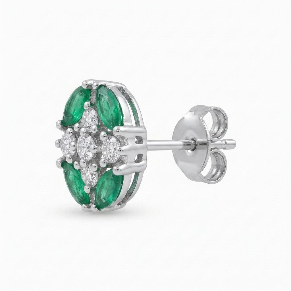 Green Oval Floral Cluster Stud Earrings, close-up detail
