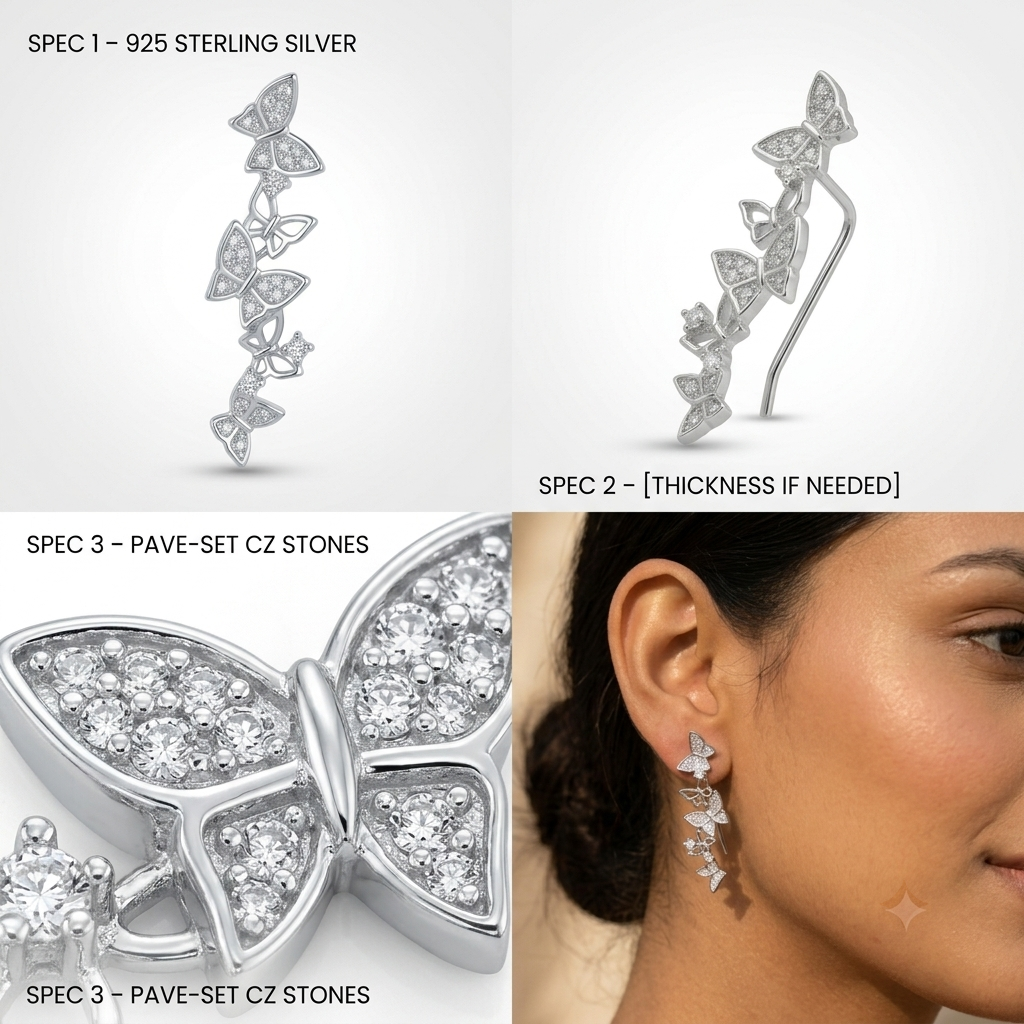Stone-Set Butterfly Ear Crawler Climber Earrings, additional product view 9