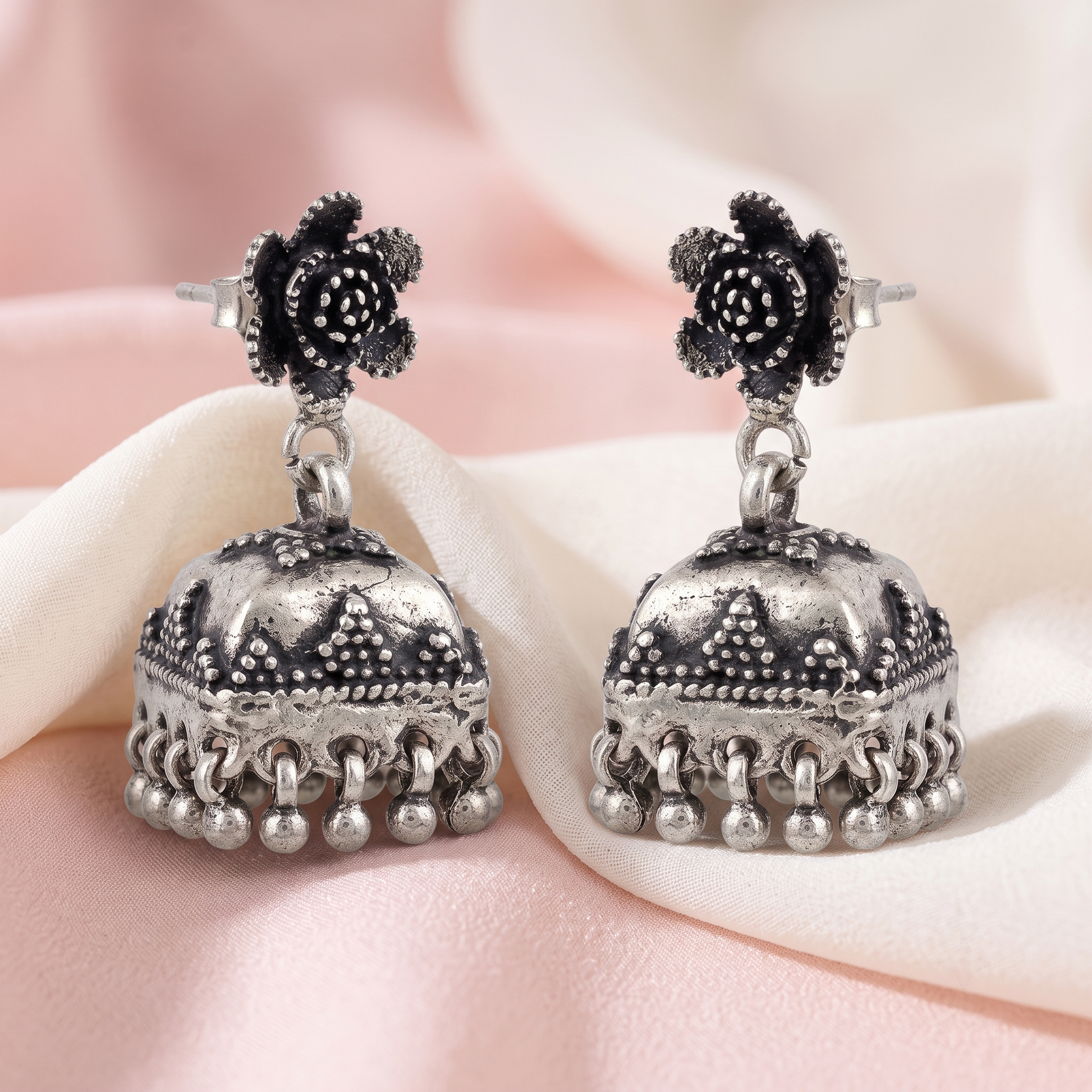 Traditional Oxidised Jhumka Earrings, alternate angle