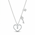 A silver necklace featuring a heart-shaped pendant with a keyhole in the center, a dangling key charm, and a small star-shaped accent, shown on a clean white background.