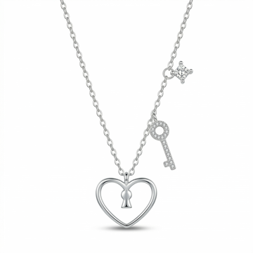 A silver necklace featuring a heart-shaped pendant with a keyhole in the center, a dangling key charm, and a small star-shaped accent, shown on a clean white background.