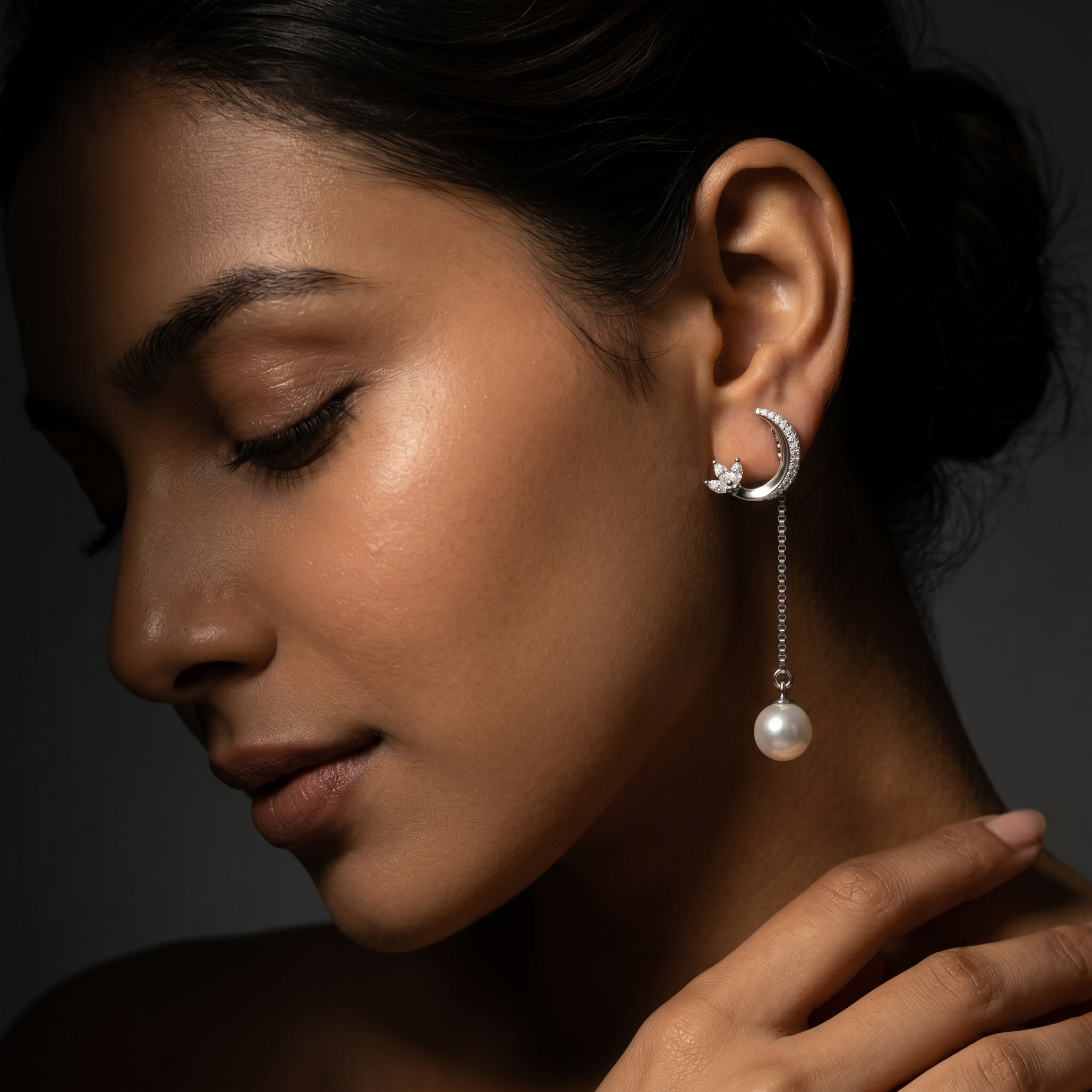 Silvme Pure 925 Sterling Silver Crescent Moon CZ Pearl Drop Earrings for Women & Girls