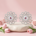 Petal Lattice Stone-Set Stud Earrings with Red Accent, close-up detail, view 5