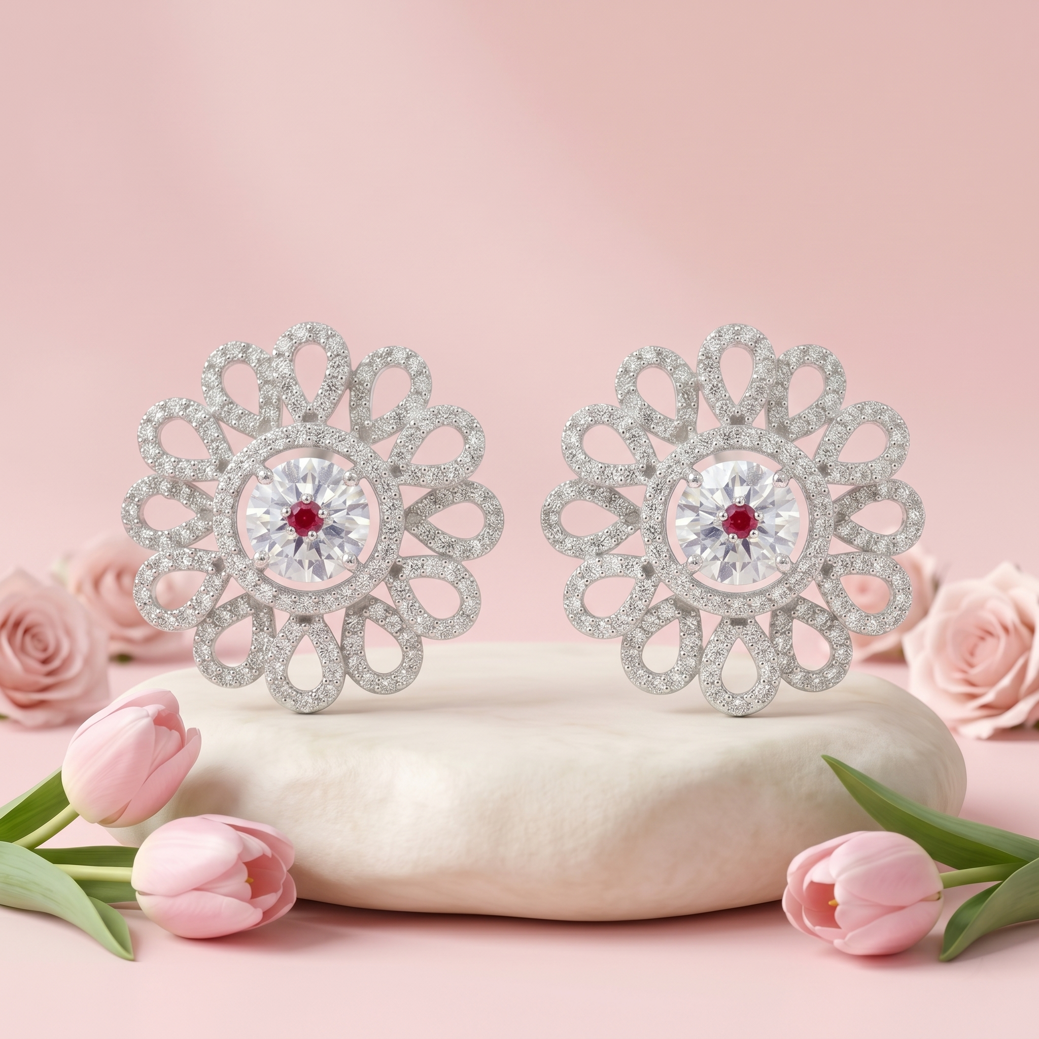 Silvme Pure 925 Sterling Silver Petal Lattice CZ Coral Accent Stud Earrings for Women & Girls