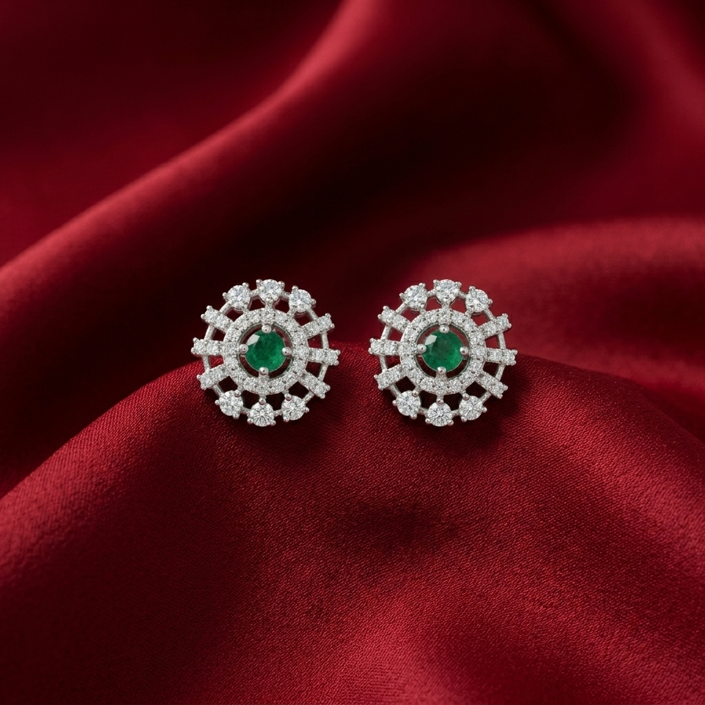 Green Round Sunburst Stud Earrings, additional product view 3