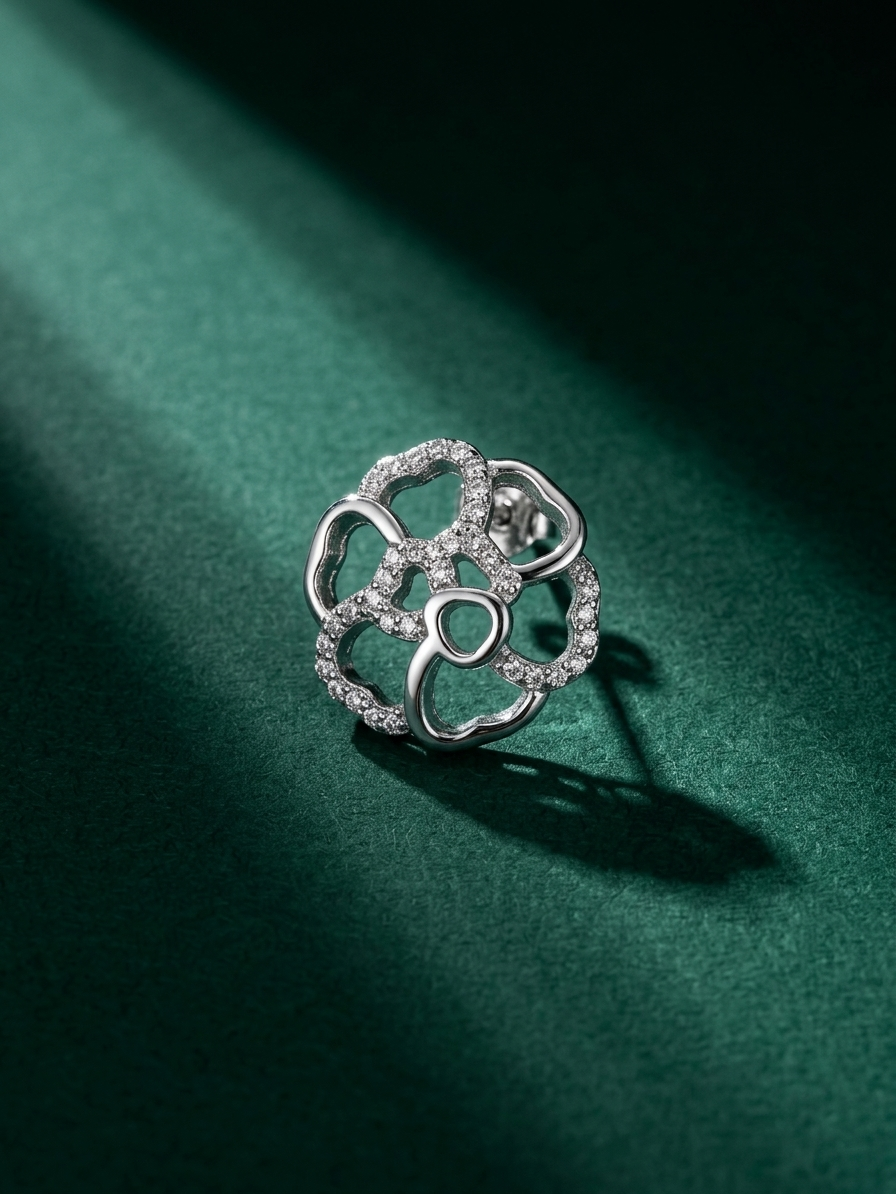 Open-Petal Camellia Stone-Set Stud Earrings, close-up detail