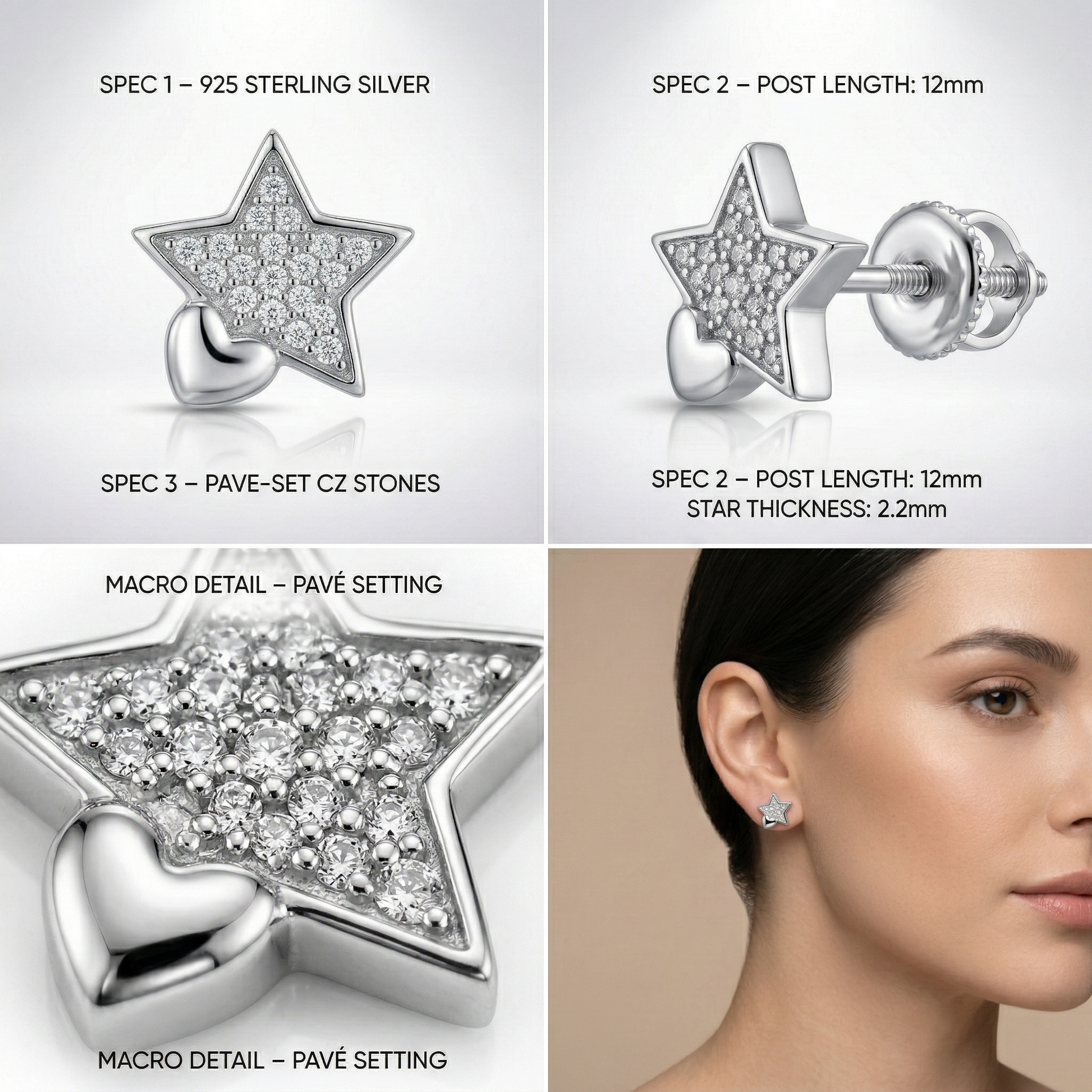 Star & Heart Stone-Set Stud Earrings, additional product view 5