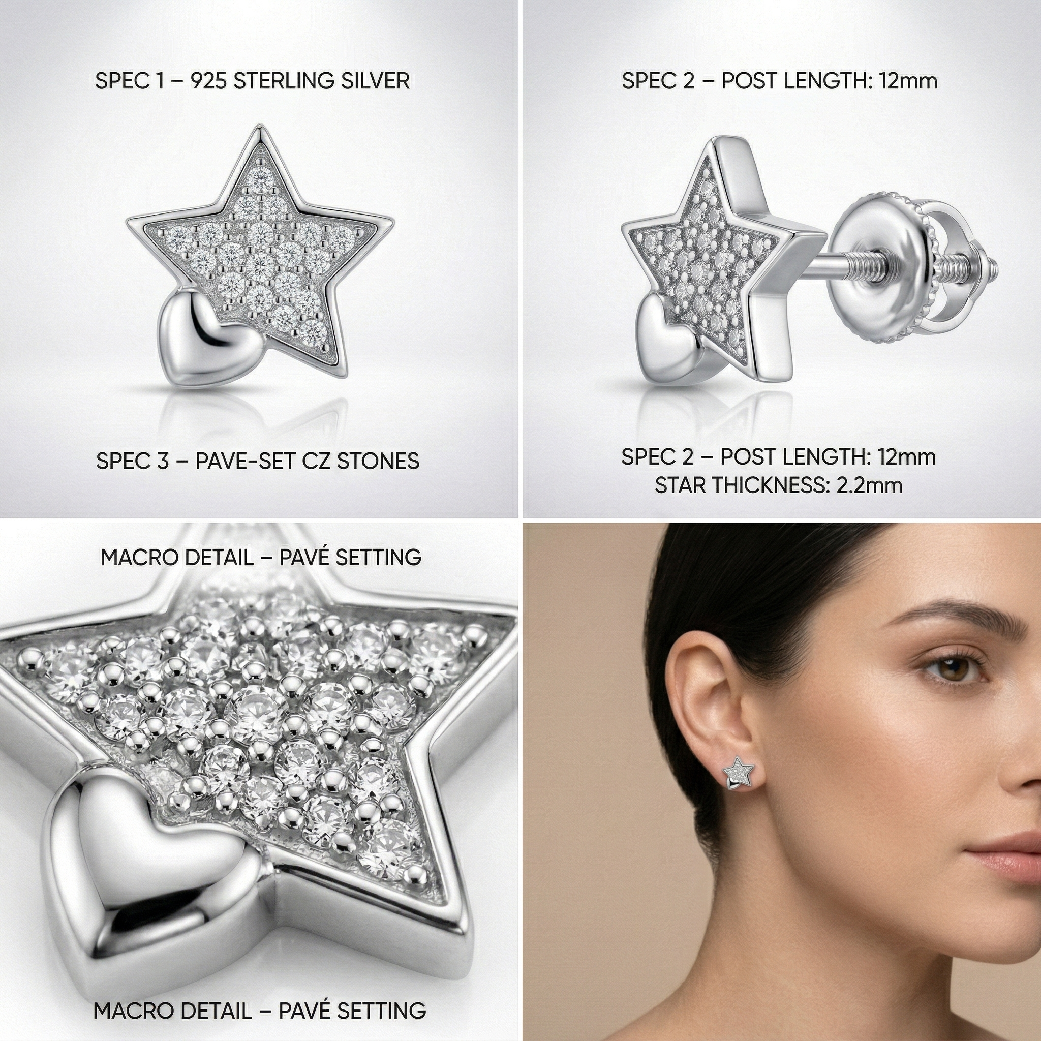 Silvme Pure 925 Silver Star & Heart CZ Stud Earrings - Pavé Set for Women