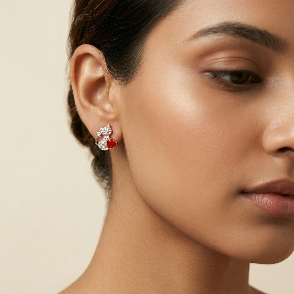 Cat & Heart Red Colour-Block Stone-Set Stud Earrings, additional product view 5
