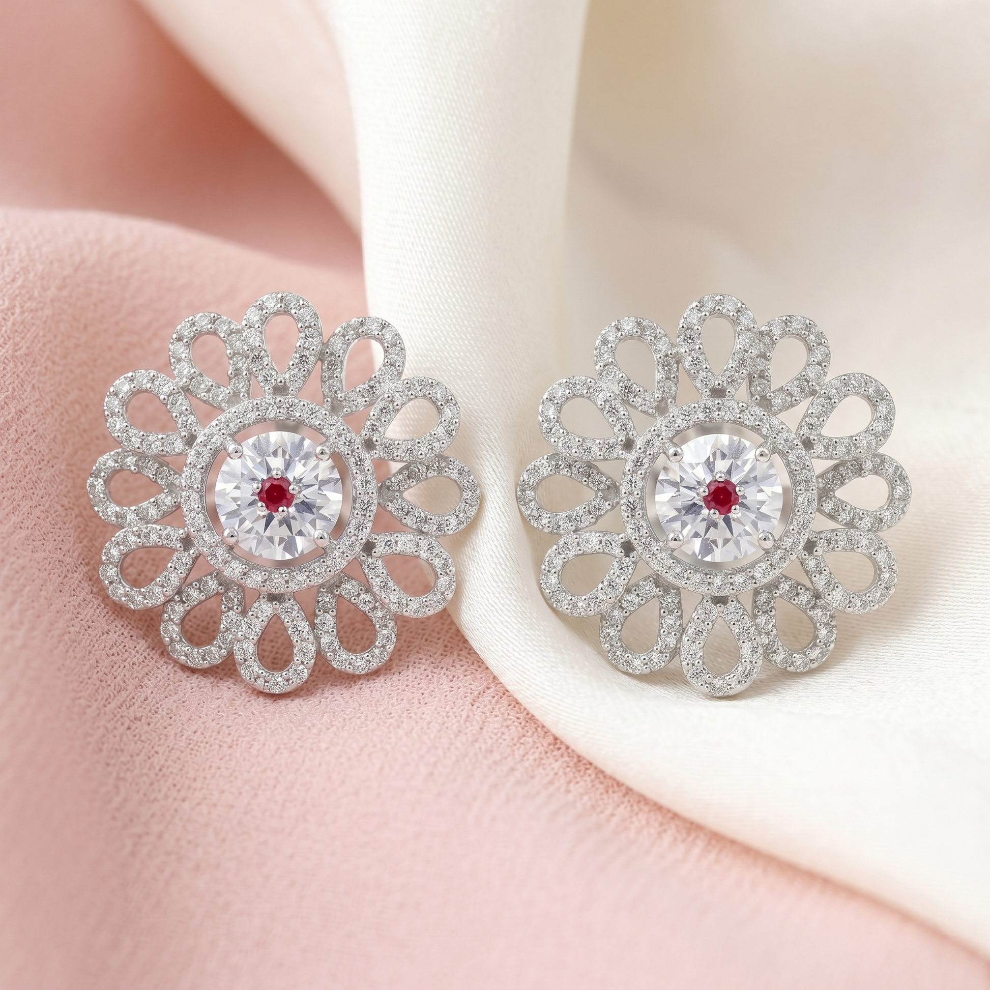 Petal Lattice Stone-Set Stud Earrings with Red Accent, additional product view 6