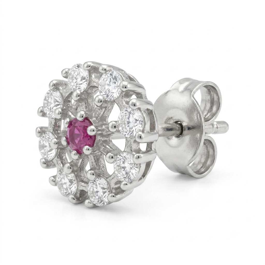 Pink-Centre Openwork Floral Stud Earrings, close-up detail