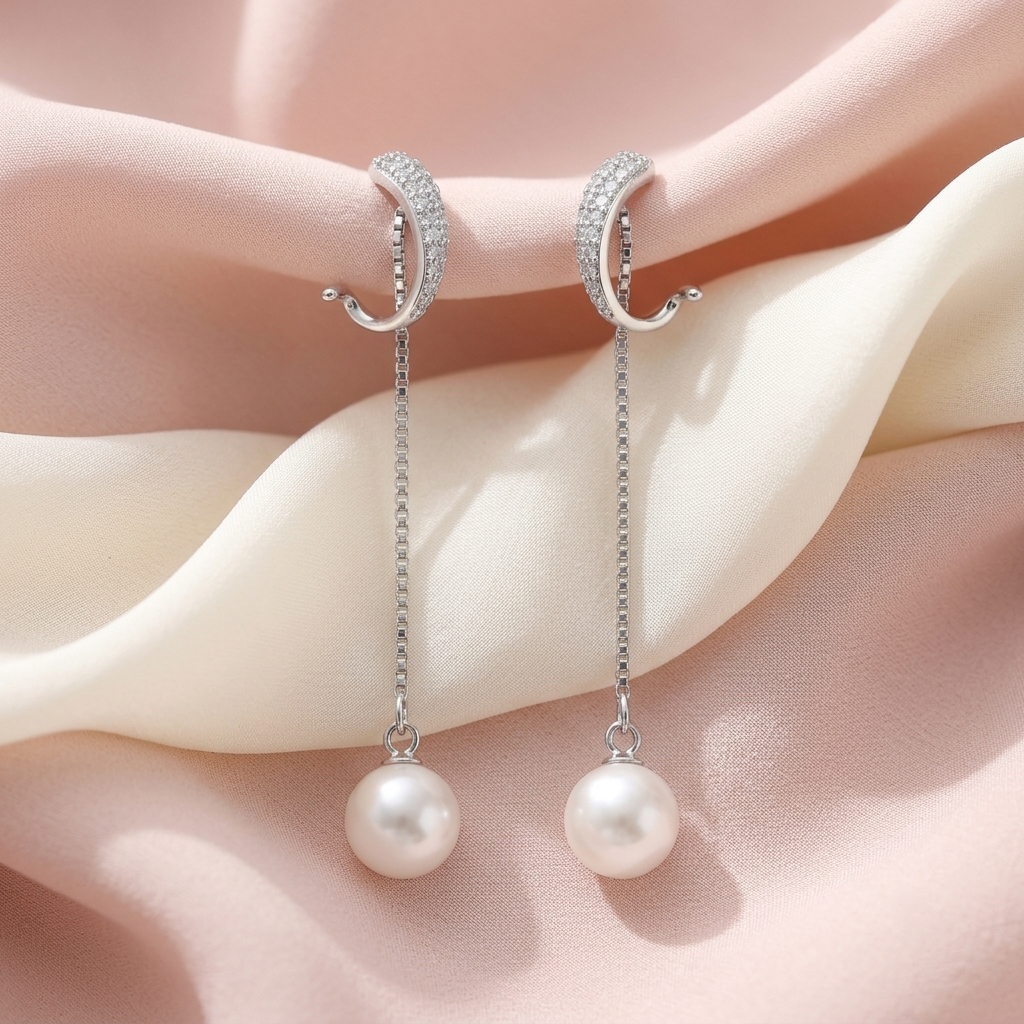 Green-Accent Curved Pearl-Look Accent Drop Earrings, additional product view 4