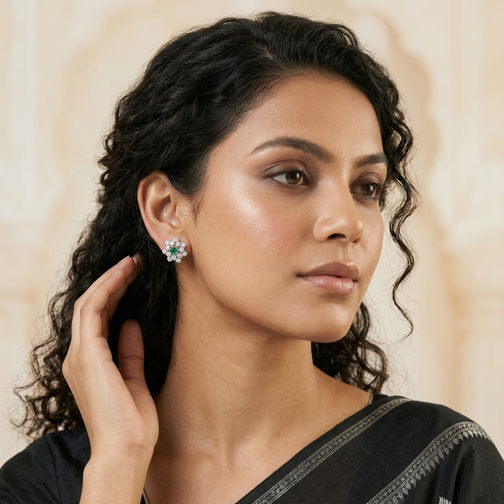 Green Floral Halo Stud Earrings, additional product view 4