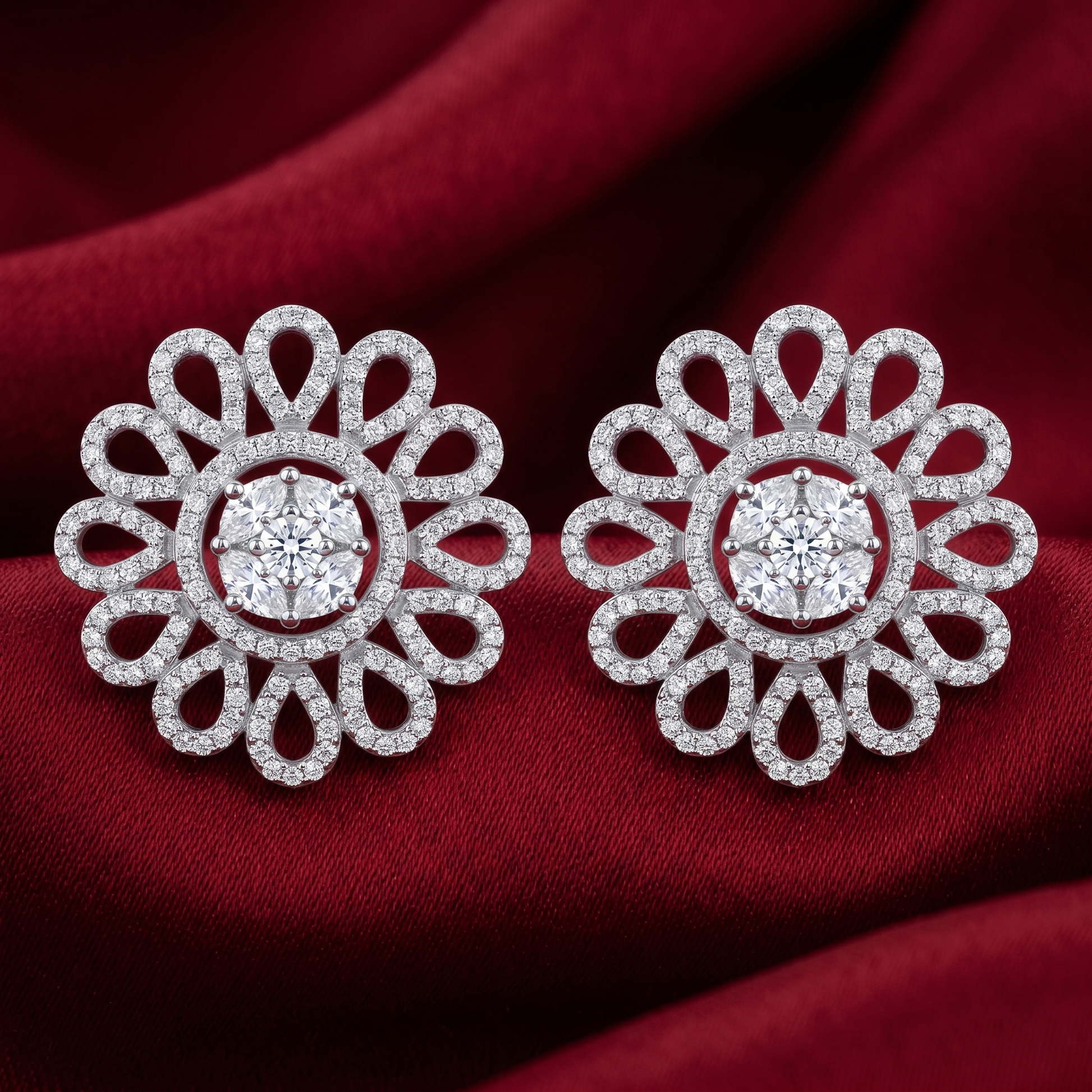 Petal Lattice Stone-Set Solitaire Round Stud Earrings, additional product view 7