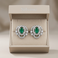Green Oval Halo Stone-Set Stud Earrings, close-up detail
