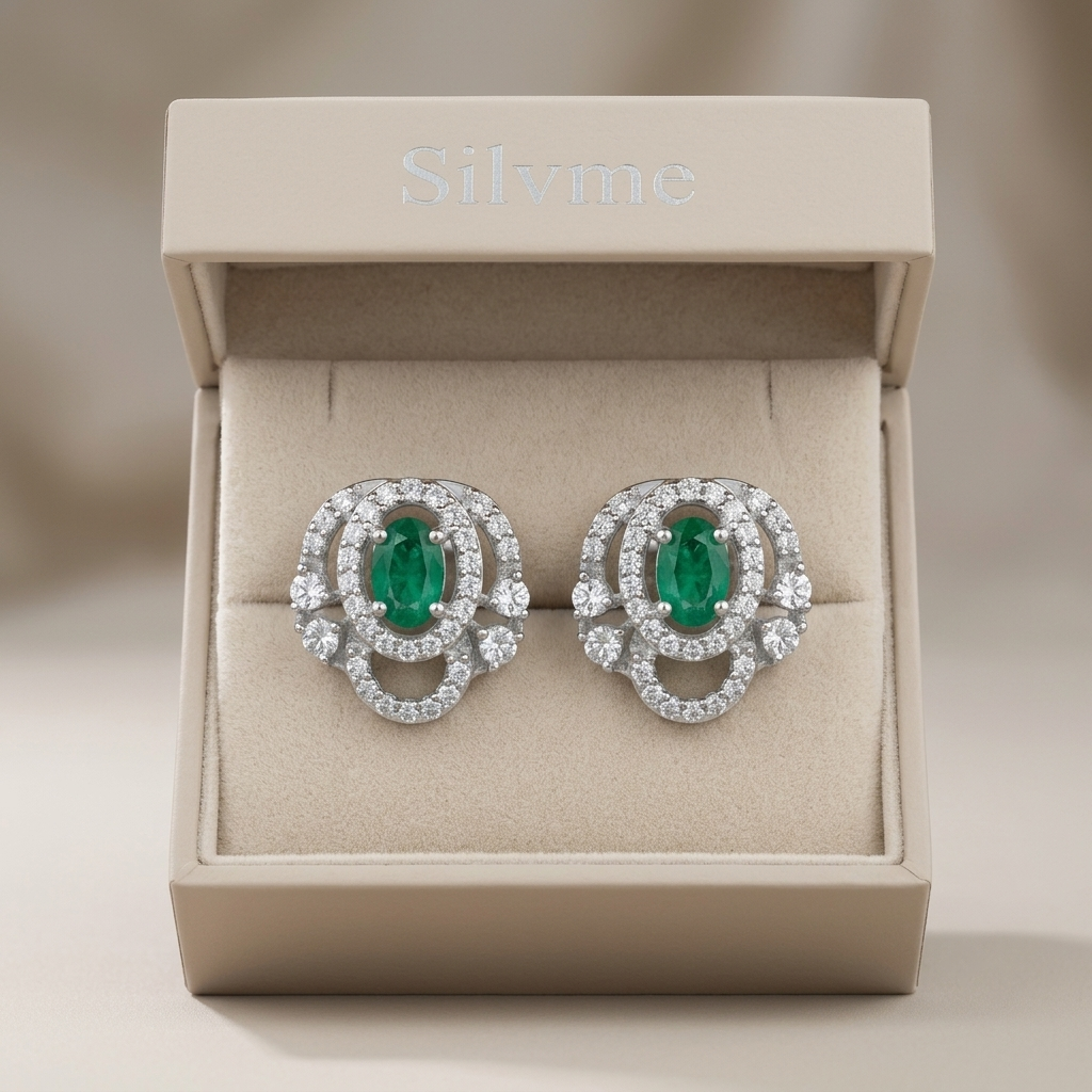Green Oval Halo Stone-Set Stud Earrings, close-up detail