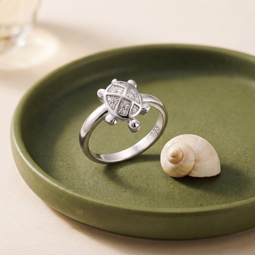 Clover turtle lucky charm ring in 925 sterling silver - good-luck gift for women