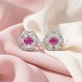 Pink Oval-Centre Flower Cluster Stud Earrings, additional product view 7