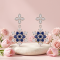 Blue Floral Stone-Set Drop Earrings, close-up detail