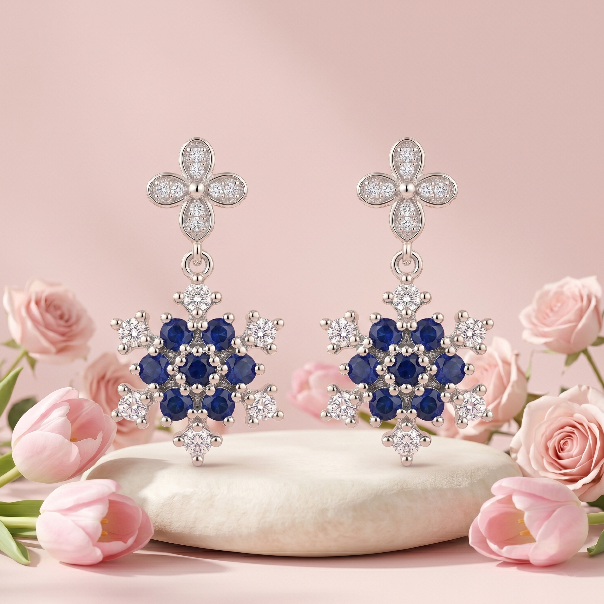 Silvme Pure 925 Sterling Silver Blue Sapphire CZ Cross Pendant Drop Earrings for Women & Girls