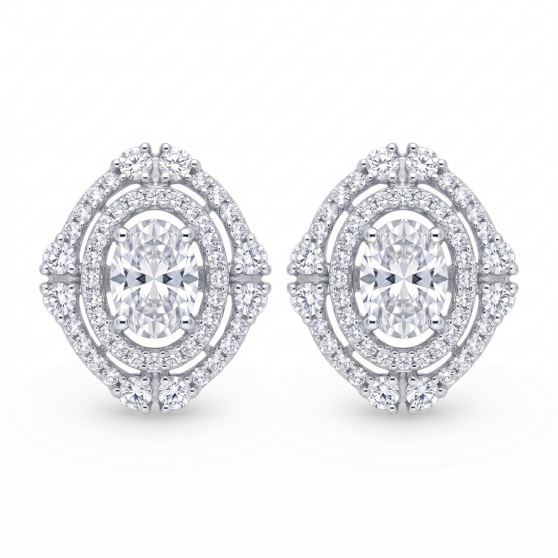 Silvme Double Halo Oval CZ Solitaire Stud Earrings set with cubic zirconia, crafted in 925 sterling silver for women