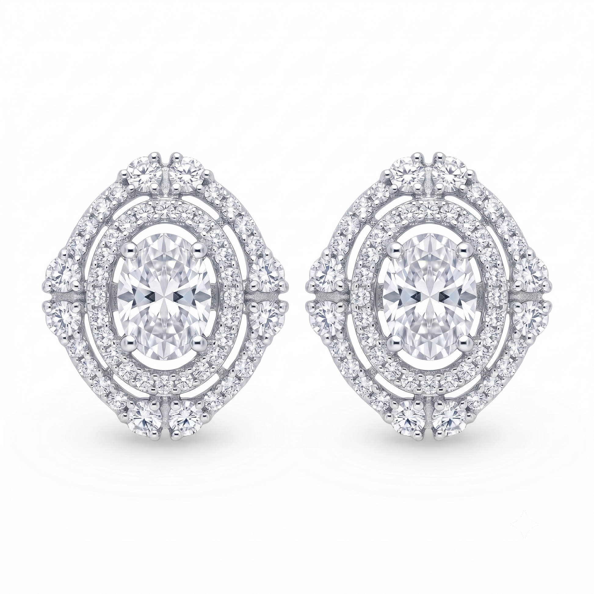 Double Halo Oval Stone-Set Solitaire Stud Earrings, front product view