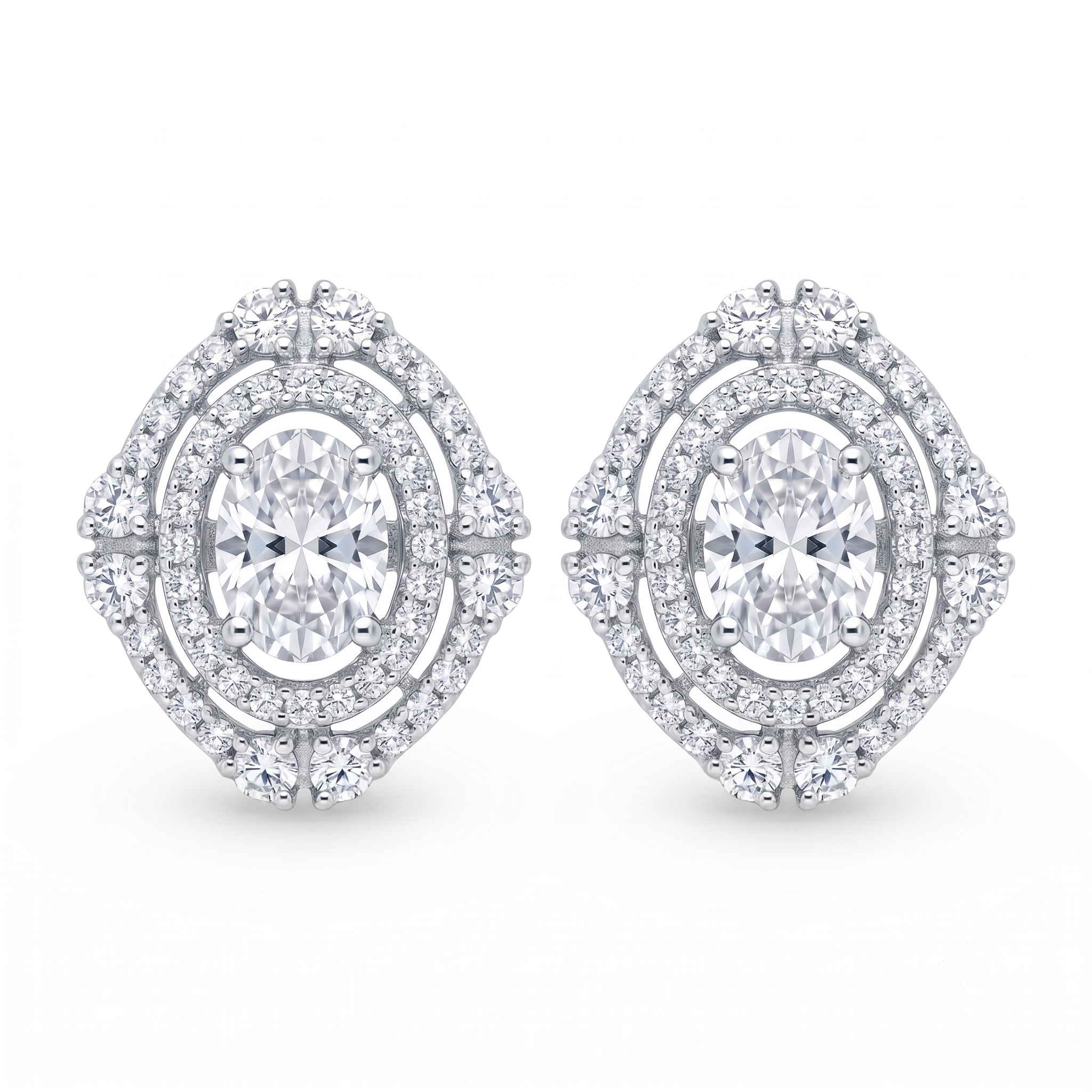 Silvme Pure 925 Sterling Silver Double Halo Oval CZ Solitaire Stud Earrings for Women & Girls
