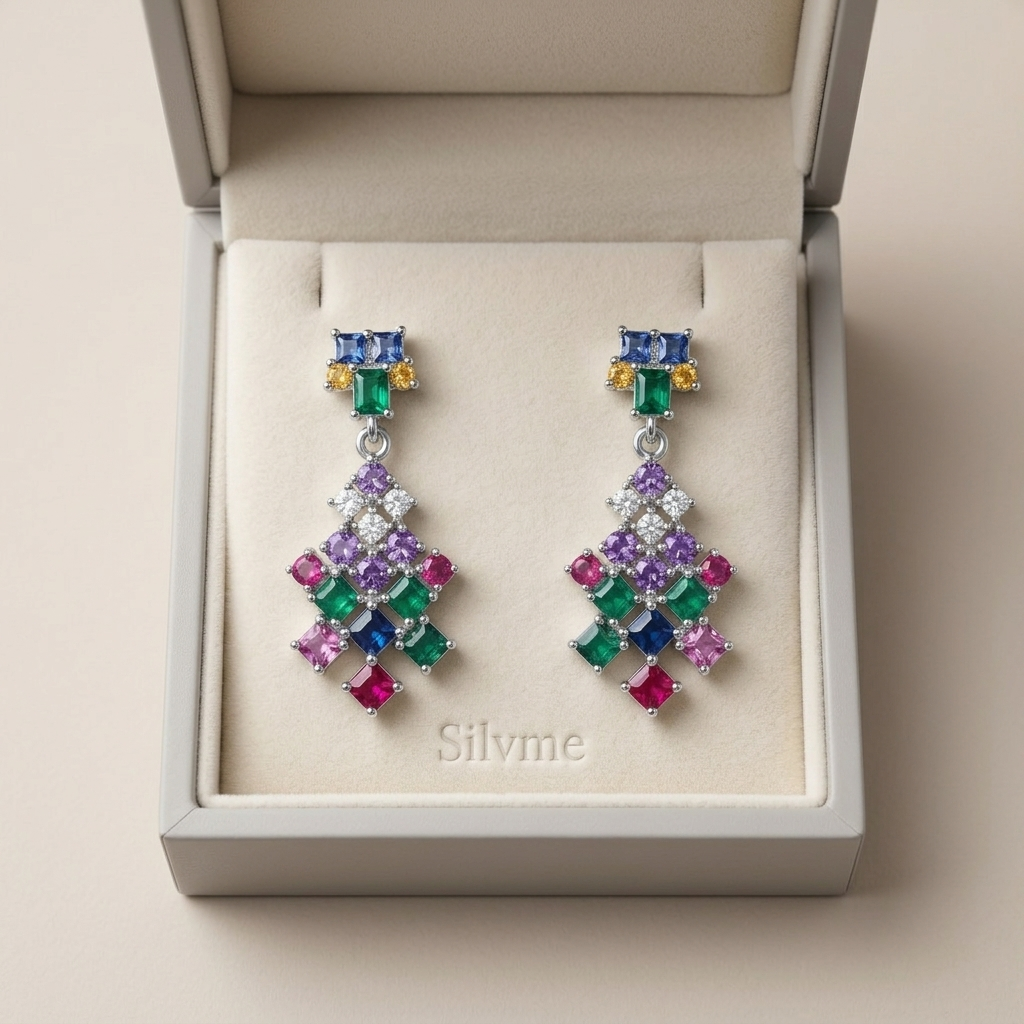 Confetti Cascade Multicolour Stone-Set Chandelier Earrings, close-up detail