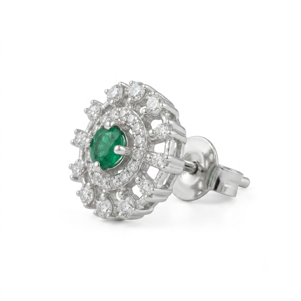 Green Round Sunburst Stud Earrings, close-up detail
