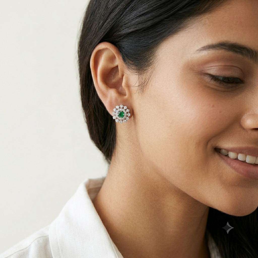 Green Round Sunburst Stud Earrings, additional product view 4
