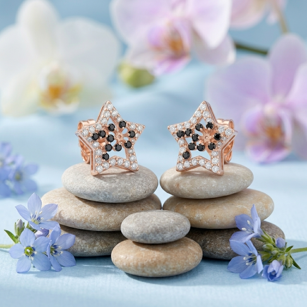 Rose-Gold-Tone Star Stud Earrings with Dark Accents, additional product view 3
