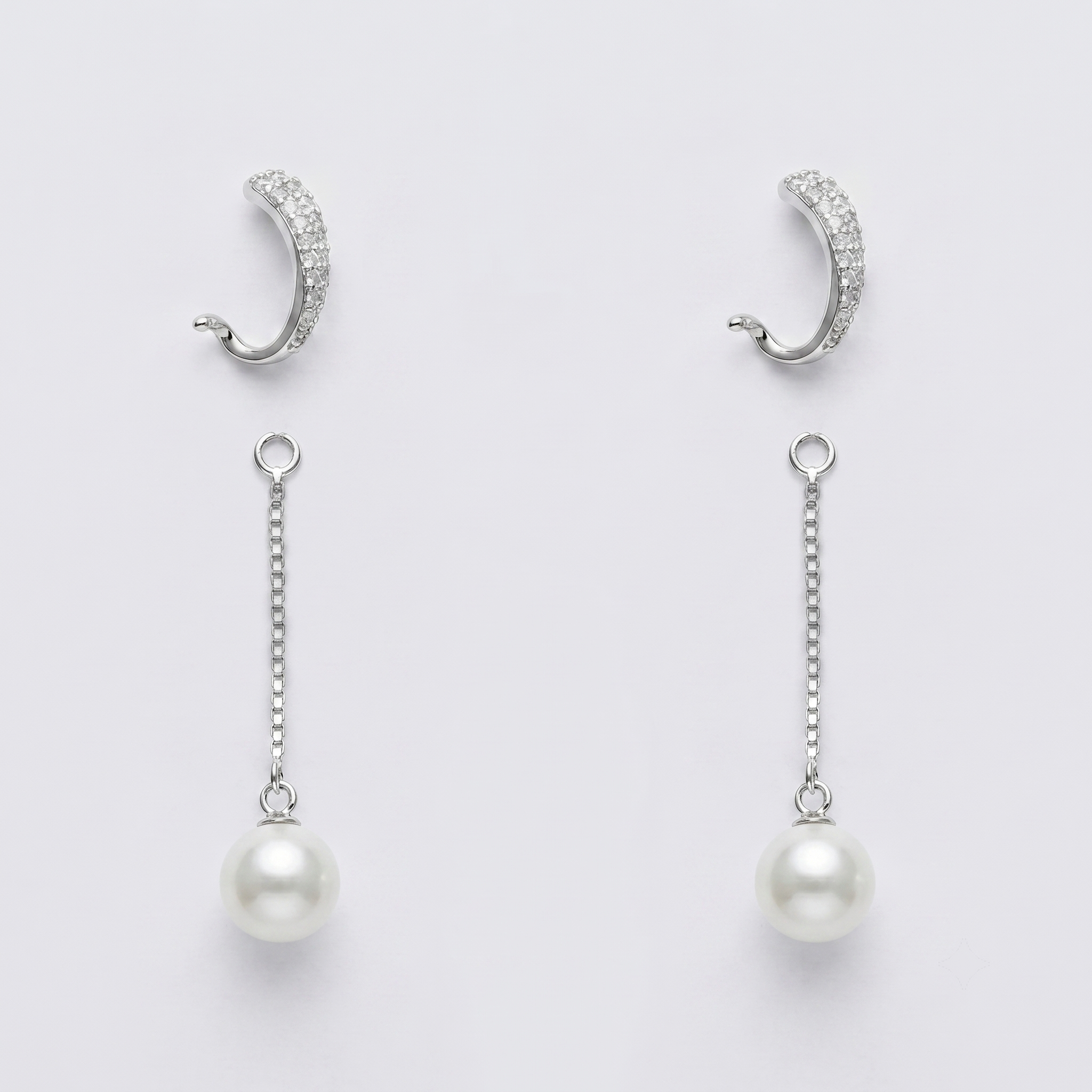 Silvme Pure 925 Sterling Silver Leaf Feather CZ Pearl Chain Drop Earrings for Women & Girls