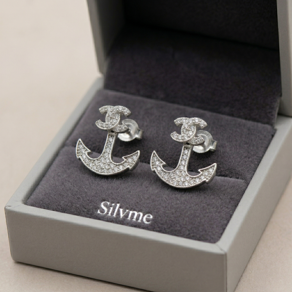 Silvme Pure 925 Sterling Silver Anchor with Marcasite Detailing Stud Earrings
