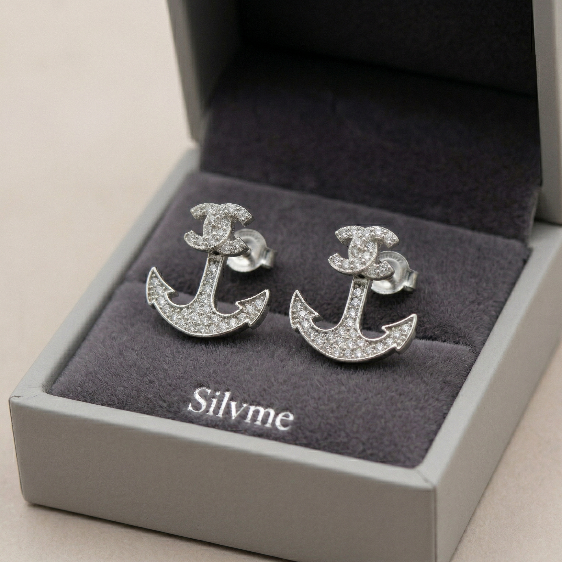 Anchor Dark-Stone Accent Stud Earrings, close-up detail, view 4