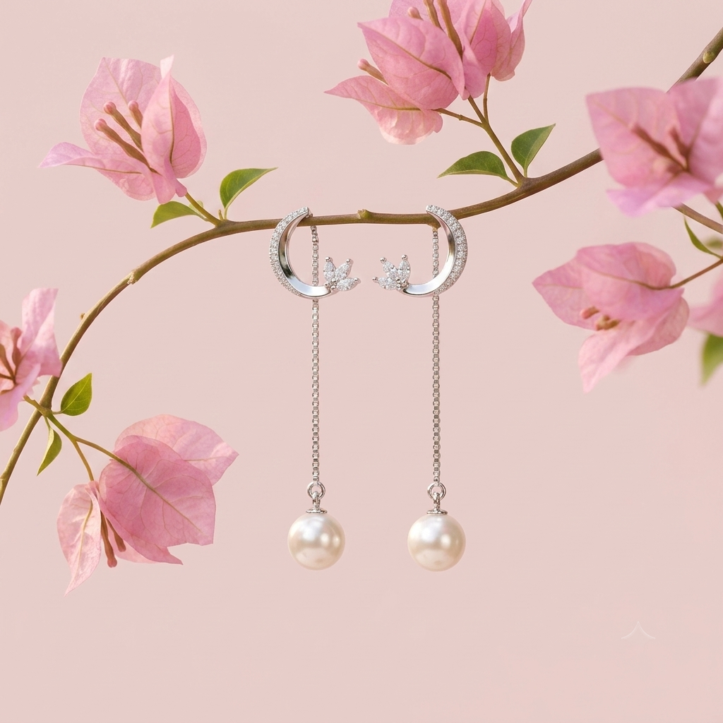Crescent Moon Stone-Set Pearl-Look Accent Drop Earrings, additional product view 6