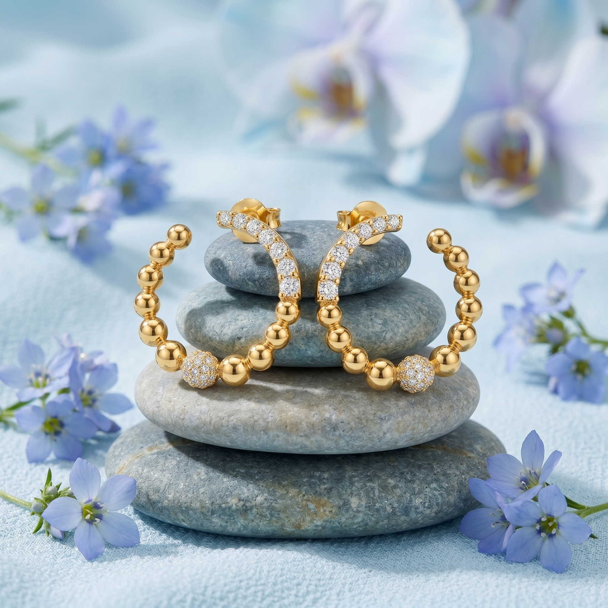 Gold-Tone Beaded Hoop Stone-Set Ball Earrings, additional product view 5