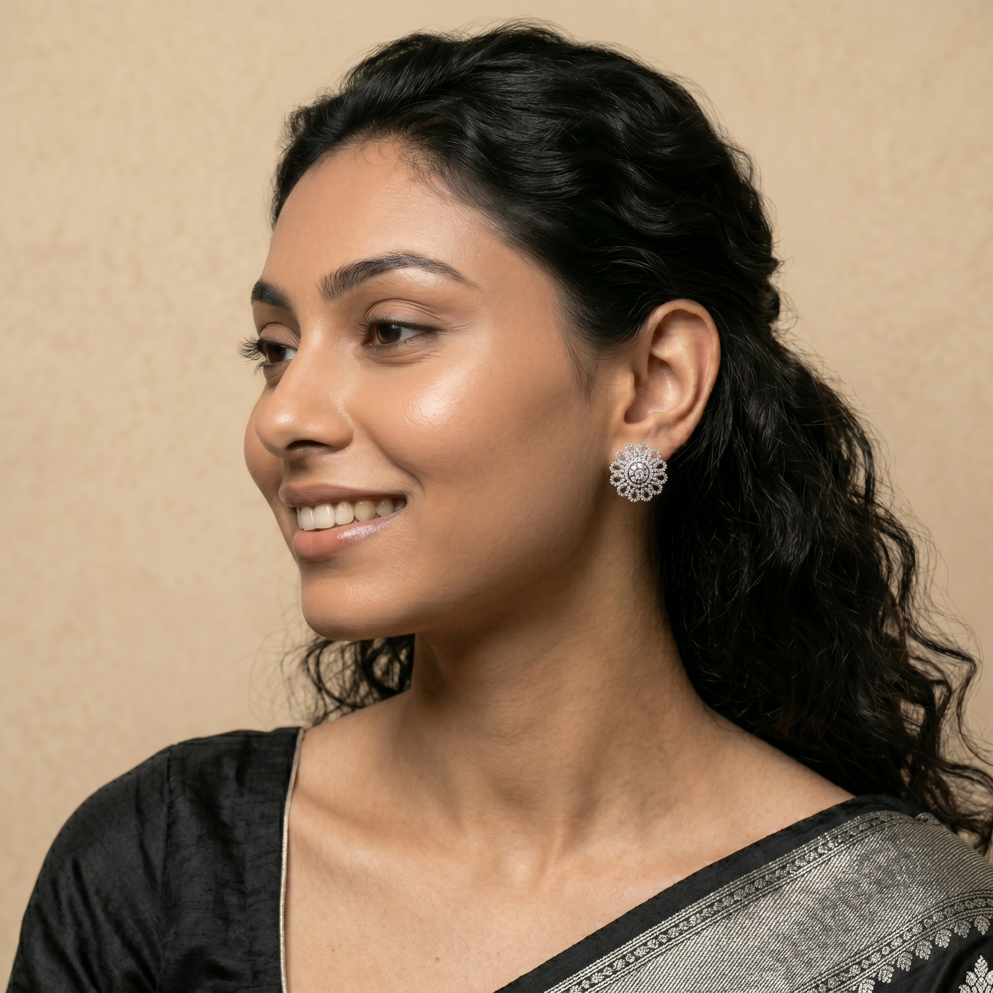 Petal Lattice Stone-Set Solitaire Round Stud Earrings, additional product view 6