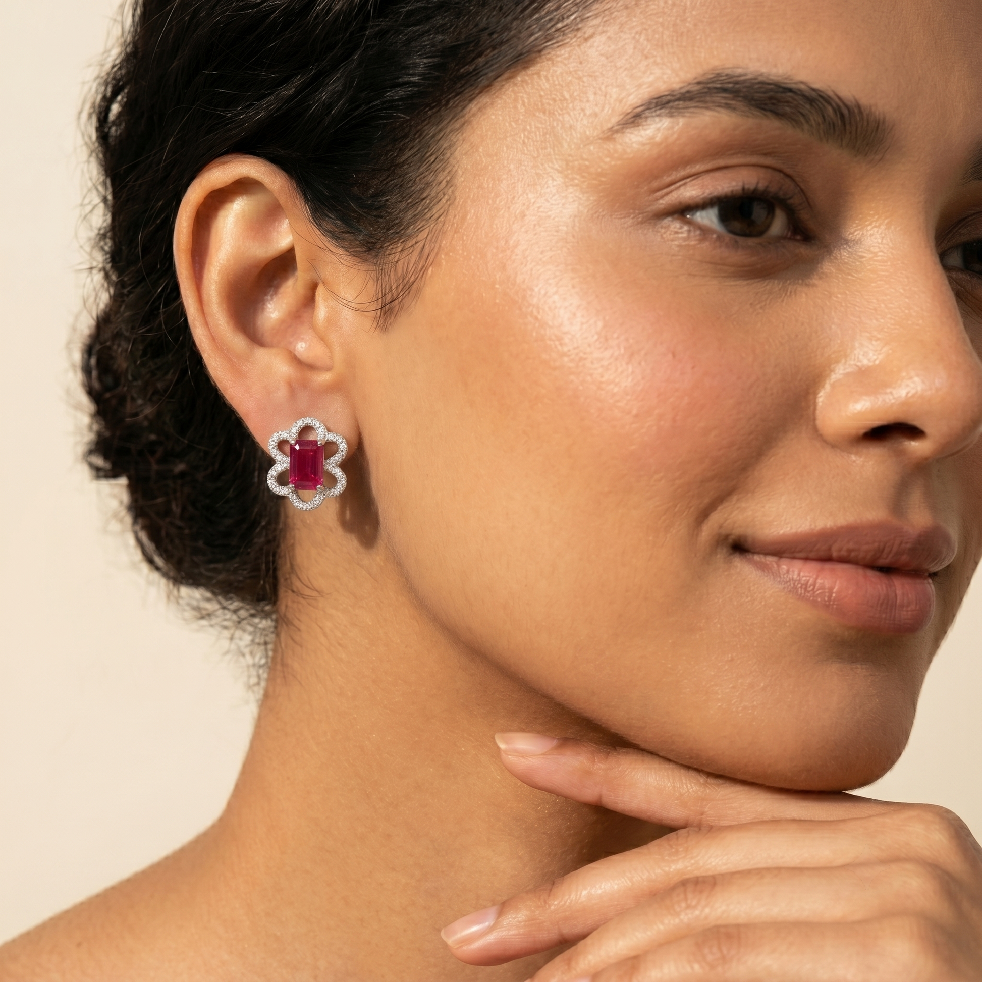 Pink Baguette Floral-Frame Stud Earrings, additional product view 5