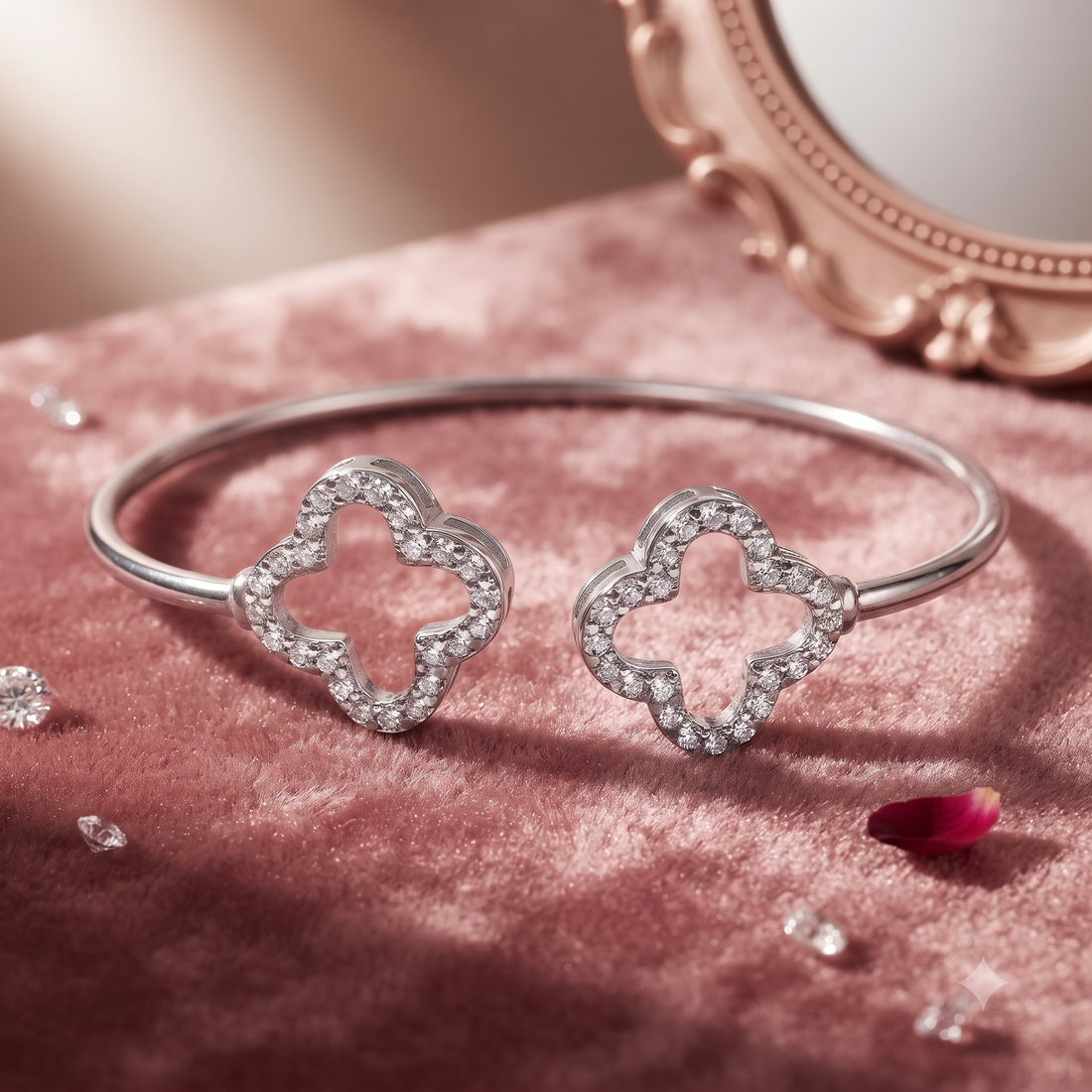 925 Sterling Silver Lucky Clover Open Cuff Bangle