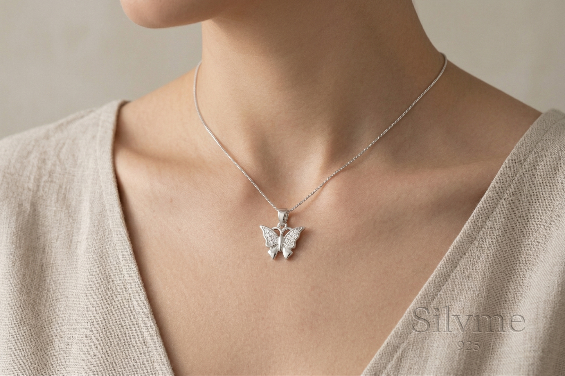 925 sterling silver 925 purity on the Silvme Butterfly Wings Pendant in 925 sterling silver, minimal modern styling